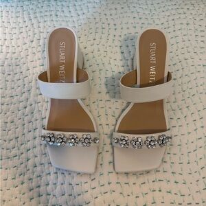 Stuart Weitzman White Embellished Block Heel Sandals